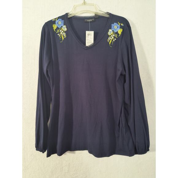 Susan Graver Weekend Embroidered Top Women's Sz L Navy Blue Long Sleeve Popover - Picture 5 of 14
